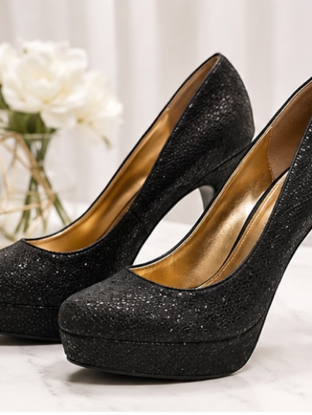 BCBGeneration Black Glitter Platform Stiletto Pumps | Size 6.5 / 36.5